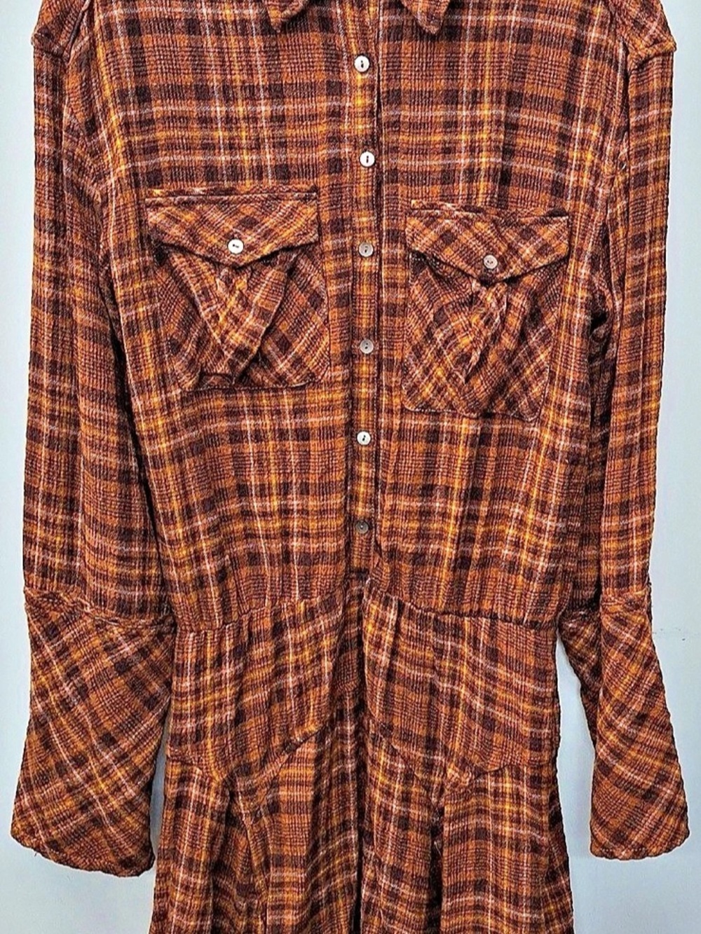 Free People Backroads Plaid Button Down Mini Dress Brown & Orange Large